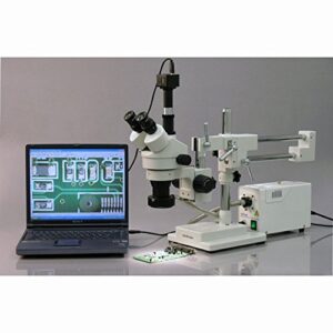 AmScope SM-4TPZ Professional Trinocular Stereo Zoom Microscope with Simultaneous Focus Control, WH10x Eyepieces, 3.5X-90X Magnification, 0.7X-4.5X Zoom Objective, Ambient Lighting, Double-Arm Boom Stand, Includes 0.5X and 2.0X Barlow Lens
