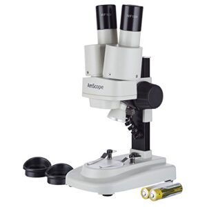 amscope kids se100 portable binocular stereo microscope, wf10x eyepieces, 20x magnification, tungsten light source, reversible black/white stage plate, battery-powered