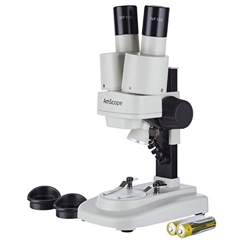 AmScope Kids SE100 Portable Binocular Stereo Microscope, WF10x Eyepieces, 20X Magnification, Tungsten Light Source, Reversible Black/White Stage Plate, Battery-Powered