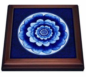 3drose pastel blue & cobalt fantasy mandala flower on royal blue background trivet with ceramic tile, 8 by 8", brown