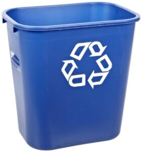 rubbermaid commercial fg295673 blue medium deskside recycling container with universal recycle symbol, 28-1/8 qt capacity, 14.4" length x 10.25" width x 15" height