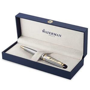 waterman expert ballpoint pen, stainless steel with 23k gold trim, medium point with blue ink cartridge, gift box