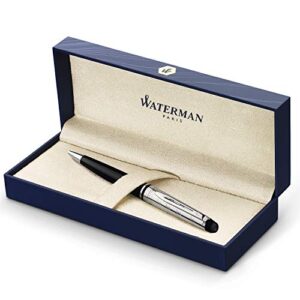 waterman expert deluxe ballpoint pen, gloss black with chrome trim, medium point with blue ink cartridge, gift box