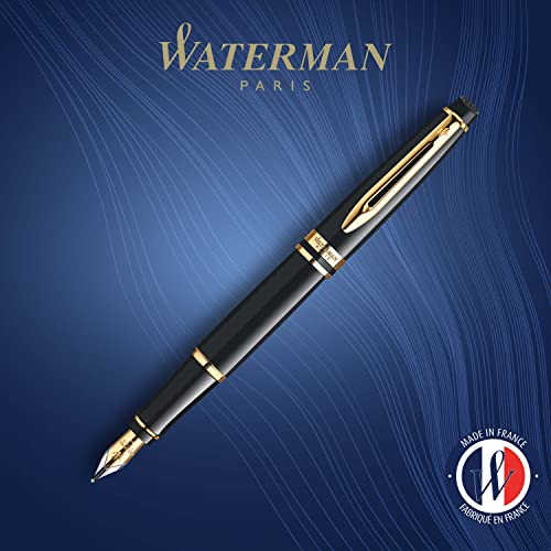 Waterman Expert Fountain Pen Gloss Black with 23K Gold Trim Medium Nib Gift Box