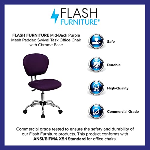 Flash Furniture Beverly Mid-Back Purple Mesh Padded Swivel Task Office Chair with Chrome Base