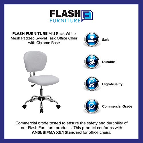 Flash Furniture Beverly Mid-Back White Mesh Padded Swivel Task Office Chair with Chrome Base