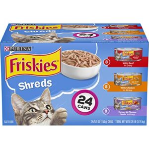 purina friskies gravy wet cat food variety pack, shreds beef, chicken and turkey & cheese dinner - (24) 5.5 oz. cans