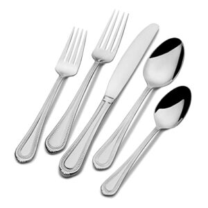 mikasa regent bead 65 piece silverware set, 18.10 polished mirror stainless steel, service for 12 with serving set