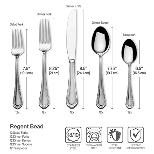 Mikasa Regent Bead 65 Piece Silverware Set, 18.10 Polished Mirror Stainless Steel, Service for 12 with Serving Set