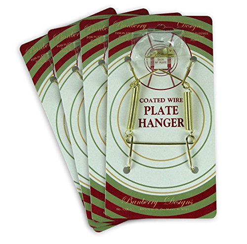 BANBERRY DESIGNS Brass Vinyl Coated Plate Hanger 3.5 to 5 Inch Plate Hanger Set of 4 Hangers - Includes Hanging Hook and Nail