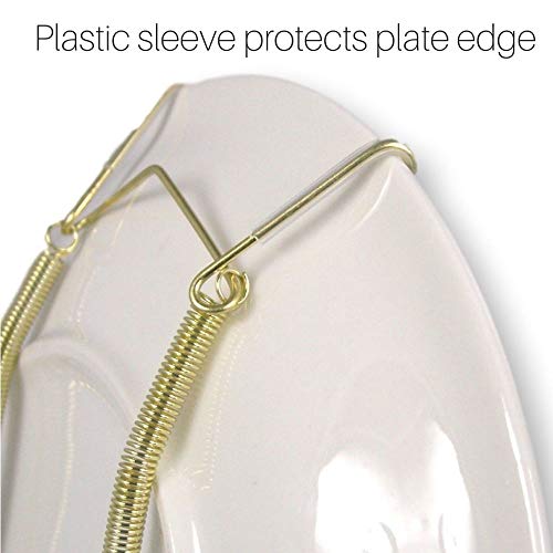 BANBERRY DESIGNS Brass Vinyl Coated Plate Hanger 3.5 to 5 Inch Plate Hanger Set of 4 Hangers - Includes Hanging Hook and Nail