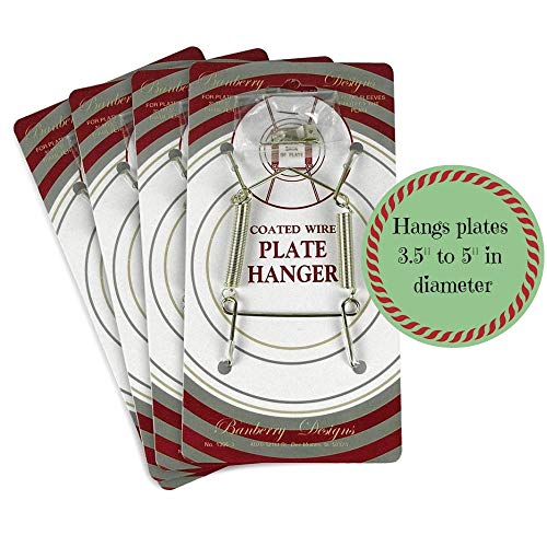 BANBERRY DESIGNS Brass Vinyl Coated Plate Hanger 3.5 to 5 Inch Plate Hanger Set of 4 Hangers - Includes Hanging Hook and Nail