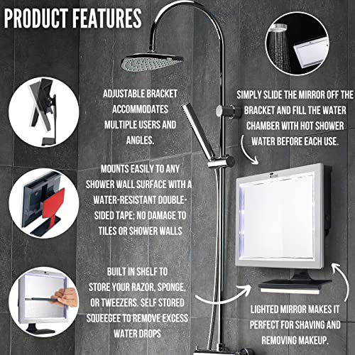 ToiletTree Products Deluxe LED Fogless Shower Mirror with Squeegee Anti-Fog Mirror - Adjustable Shaving Mirror with a Squeegee - Rust-Proof, Impact-Resistance Bathroom Shower Mirror