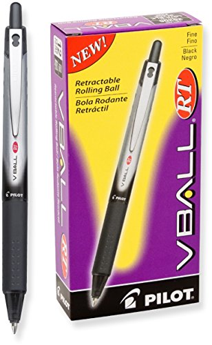 PILOT VBall RT Retractable Rolling Ball Pens, Fine Point, Black Ink, Dozen Box (26206)