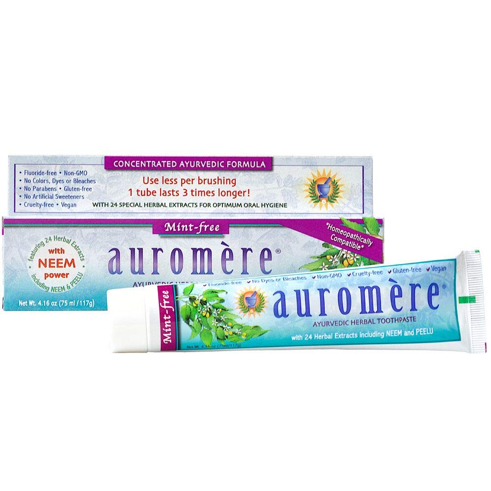 Auromere Ayurvedic Herbal Toothpaste, Mint Free - Vegan, Natural, Non GMO, Fluoride Free, Gluten Free, with Neem & Peelu (4.16 oz), 1 Pack