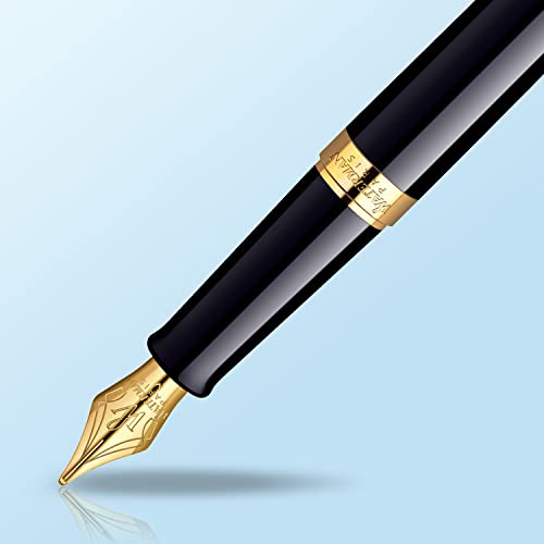Waterman Hémisphère Fountain Pen Gloss Black with 23K Gold Trim Fine Nib Blue Ink Gift Box