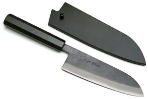 yoshihiro kurouchi black-forged blue steel stainless clad santoku multipurpose knife ebony handle (6.5'' (165mm) & saya)