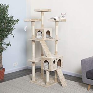 Go Pet Club 72" Premium Cat Tree Kitty Tower Kitten Condo for Indoor Cats with Scratching Posts, Condos, Ladders, Soft Perches, and Hanging Toy Cat Activity Center Furniture, Beige