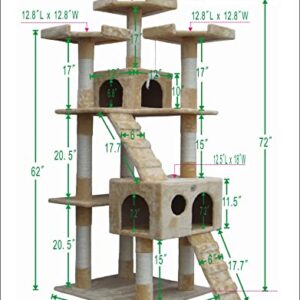 Go Pet Club 72" Premium Cat Tree Kitty Tower Kitten Condo for Indoor Cats with Scratching Posts, Condos, Ladders, Soft Perches, and Hanging Toy Cat Activity Center Furniture, Beige