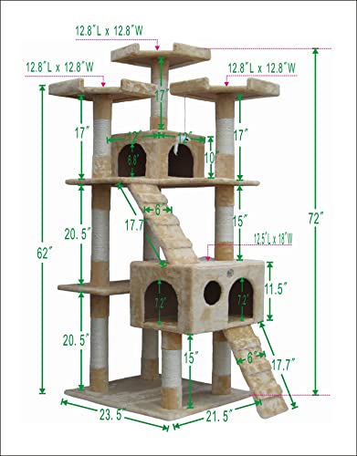 Go Pet Club 72" Premium Cat Tree Kitty Tower Kitten Condo for Indoor Cats with Scratching Posts, Condos, Ladders, Soft Perches, and Hanging Toy Cat Activity Center Furniture, Beige