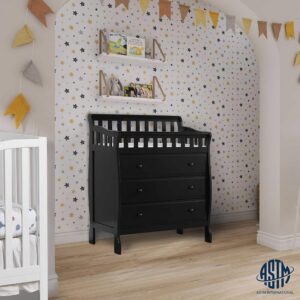 dream on me marcus changing table and dresser in black, features 3 spacious drawers, non-toxic finishes, comes with 1" changing pad, made of solid wood