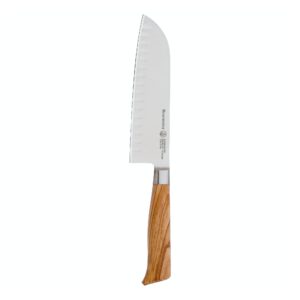 messermeister oliva elite 7” kullenschliff santoku knife - japanese chef’s knife - german steel alloy blade & mediterranean wood handle - rust resistant & easy to maintain