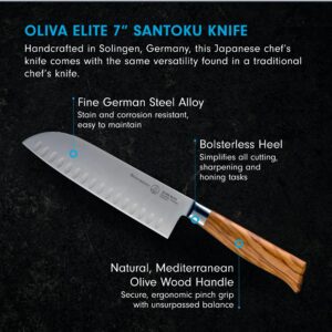 Messermeister Oliva Elite 7” Kullenschliff Santoku Knife - Japanese Chef’s Knife - German Steel Alloy Blade & Mediterranean Wood Handle - Rust Resistant & Easy to Maintain