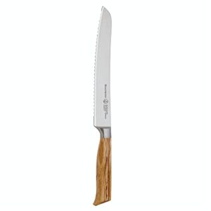 messermeister oliva elite 9” scalloped bread knife - fine german steel alloy blade & natural mediterranean olive wood handle - rust resistant & easy to maintain