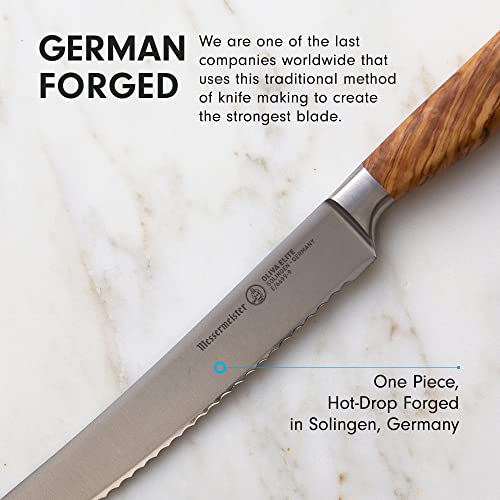 Messermeister Oliva Elite 9” Scalloped Bread Knife - Fine German Steel Alloy Blade & Natural Mediterranean Olive Wood Handle - Rust Resistant & Easy to Maintain