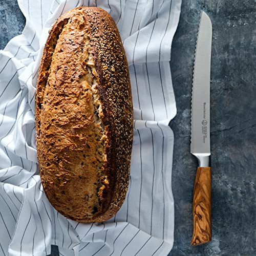 Messermeister Oliva Elite 9” Scalloped Bread Knife - Fine German Steel Alloy Blade & Natural Mediterranean Olive Wood Handle - Rust Resistant & Easy to Maintain
