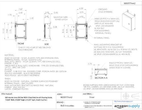 BUD Industries SNB-3741 Series SNB Steel NEMA 4 Sheet Metal Box 9.84" L x 7.87" W x 3.98" H, Gray