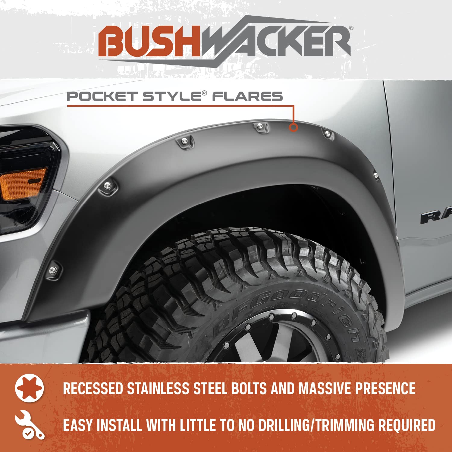 Bushwacker Pocket/Rivet Style Front & Rear Fender Flares | 4-Piece Set, Black, Smooth Finish | 31925-02 | Fits 2005-2011 Toyota Tacoma w/ 6.1' bed