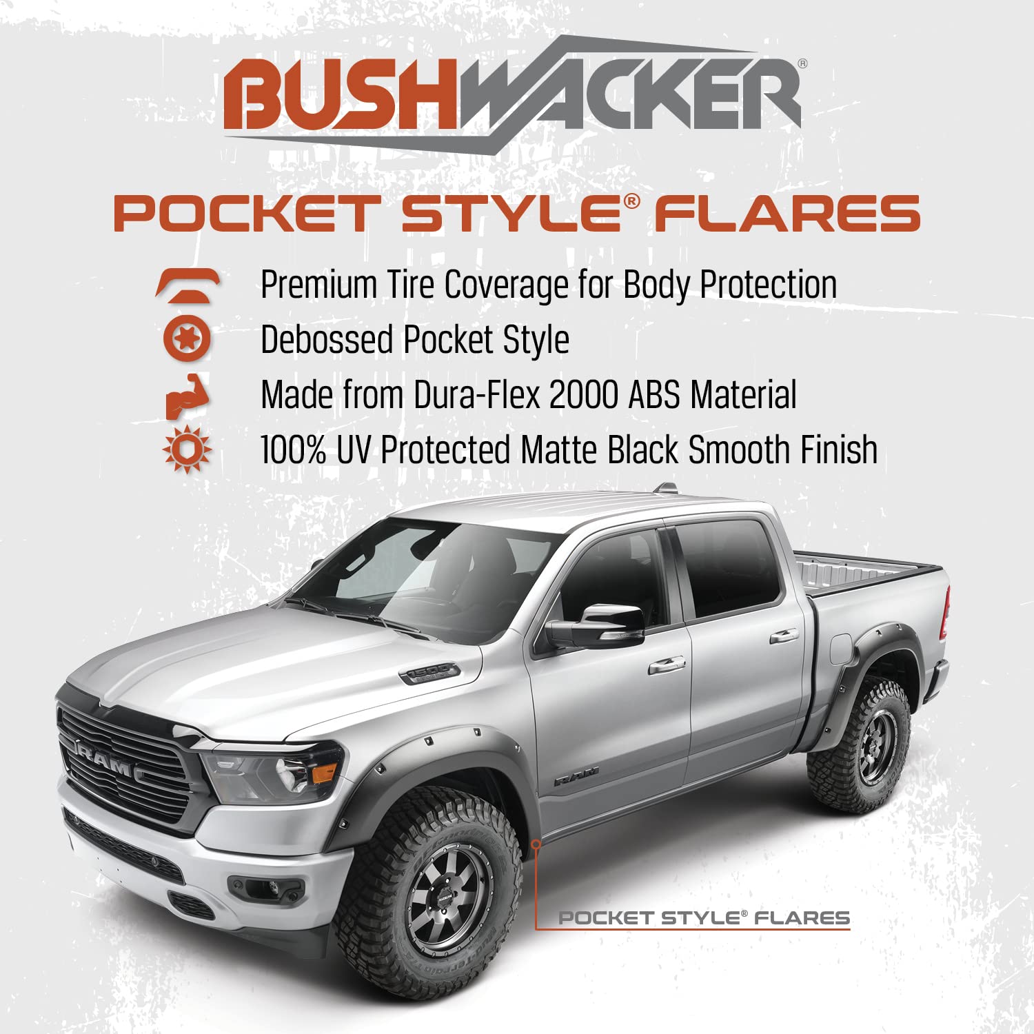 Bushwacker Pocket/Rivet Style Front & Rear Fender Flares | 4-Piece Set, Black, Smooth Finish | 31925-02 | Fits 2005-2011 Toyota Tacoma w/ 6.1' bed