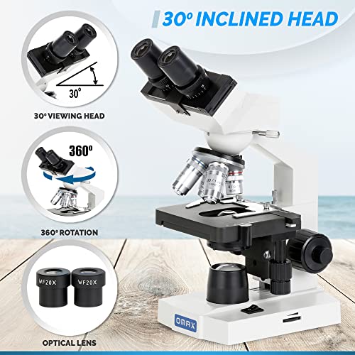 OMAX 40X-2000X Lab LED Binocular Compound Microscope with Double Layer Mechanical Stage and Coaxial Coarse/Fine Focusing Knob