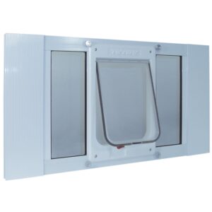 ideal pet products aluminum sash window pet door, adjustable width 33" to 38", chubby kat, 7.5" x 10.5" flap size