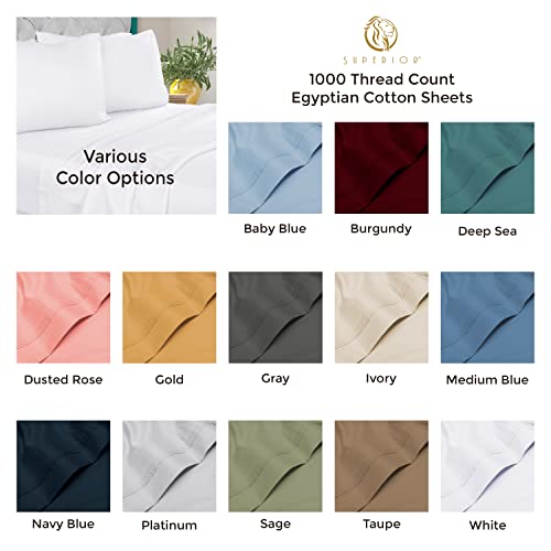 SUPERIOR Egyptian Cotton 1000 Thread Count, Aesthetic Bedding Essentials Sheet Set, Queen, Medium Blue