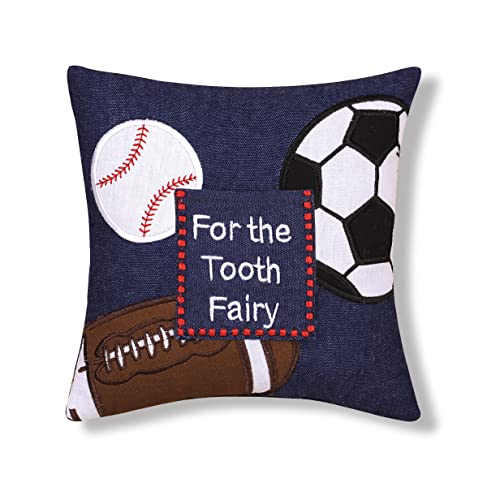 C&F Home Tooth Fairy Embroidered Pillow with Pocket for Boys Sports Theme for Boys and Girls | Toothfairy Throw Petite Pillow for Kids Room Tooth Holder for First Lost Tooth 8 x 8 Blue