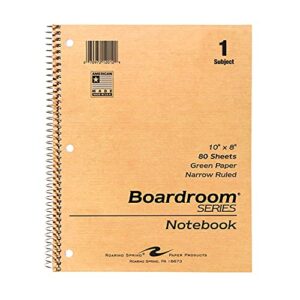 roaring spring wirebound notebook with green paper, one subject, 10" x 8", 80 sheets, narrow ruled, brown kraft covers