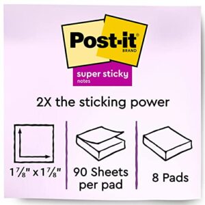 Post-it Super Sticky Notes, 2x2 in, 8 Pads, 2x the Sticking Power, Canary Yellow, Recyclable (622-8SSCY)