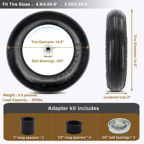 14.5"Flat Free Wheelbarrow Tire with 3/4 & 5/8 Wheel Bearing, 3" Hub 13"-16" Universal Fit Air Less Tire 4.80/4.00-8 for Garden Cart Wagon Ribbed Tread Axle hole 16mm Foamed Polyurethane Tire