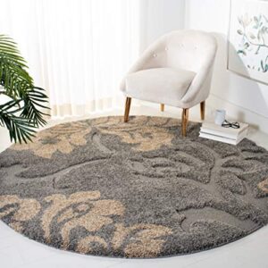 SAFAVIEH Florida Shag Collection 6'7" Round Grey/Beige SG458 Floral Non-Shedding Living Room Bedroom Dining Room Entryway Plush 1.2-inch Thick Area Rug