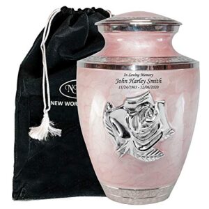 custom adult pink rose cremation urn, large rose flower funeral urn, ash urn with velvet bag and personalization