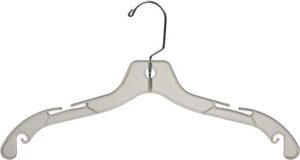 sturdy clear plastic top hanger, box of 100 durable space saving hangers w/ 360 degree chrome swivel hook and notches for shirt or dress by the great american hanger company