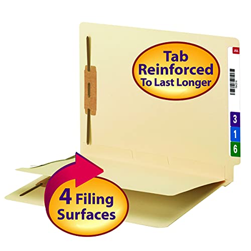 Smead End Tab Fastener File Folder with Divider, Shelf-Master Reinforced Straight-Cut Tab, 2 Fasteners, 1 Divider, Letter Size, Manila, 50 per Box (34220)