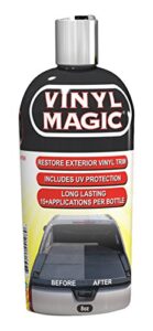 vinyl magic: plastic and trim restorer, dye-free formula shines and darkens worn out plastic, vinyl and rubber surfaces, protects cars from rain, salt and dirt, prevents fading and cracking