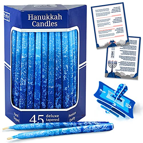 Premium Dripless Hanukkah Candles Multi Blues Frosted Thin Tapered Chanukah Candle Set of 45 Enough for Eight Nights of Hanukah Includes a DIY Dreidel, Prayer Card with Chanukah Song - Aviv Judaica