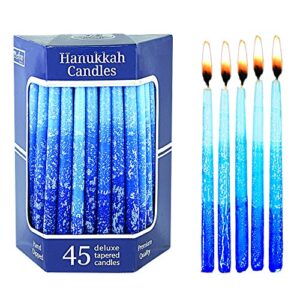 Premium Dripless Hanukkah Candles Multi Blues Frosted Thin Tapered Chanukah Candle Set of 45 Enough for Eight Nights of Hanukah Includes a DIY Dreidel, Prayer Card with Chanukah Song - Aviv Judaica