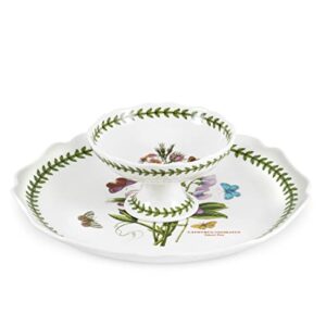 portmeirion botanic garden 2-piece chip and dip set | 11 inch round serving platter and dip bowl | assorted motifs | made from porcelain | dishwasher safe