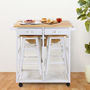 Casual Home Drop Leaf Breakfast Cart with 2 Stools-White, 32"D x 29.75"W x 33"H