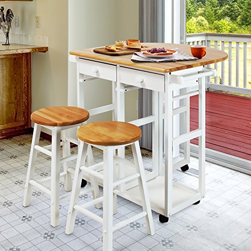 Casual Home Drop Leaf Breakfast Cart with 2 Stools-White, 32"D x 29.75"W x 33"H